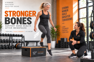 Postmenopausal woman performing step down exercise for osteoporosis and bone density