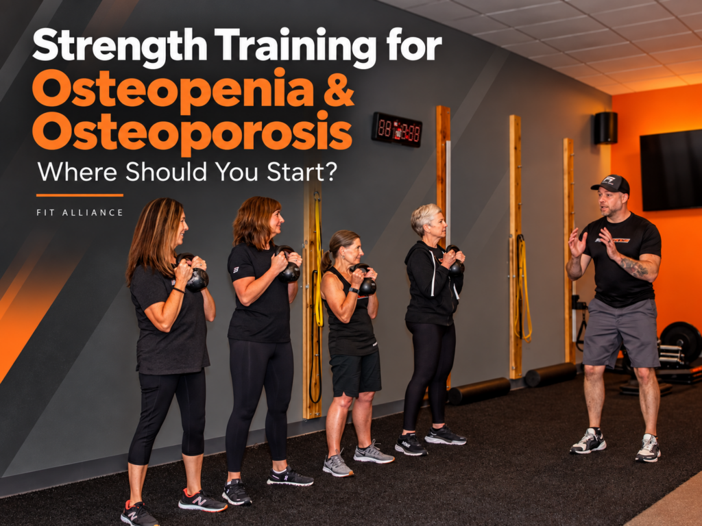 Woman over 50 performing supervised strength training for osteopenia and osteoporosis to improve bone density and strength.
