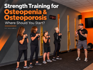 Woman over 50 performing supervised strength training for osteopenia and osteoporosis to improve bone density and strength.