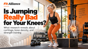 Woman over 50 performing a controlled landing exercise at Fit Alliance, highlighting research on jumping, knee osteoarthritis, cartilage health, bone density, and strength training.